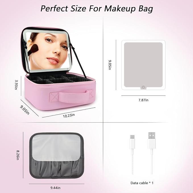 Travel Makeup Bag with LED Mirror Travel Makeup Organizer with 3 Lighted