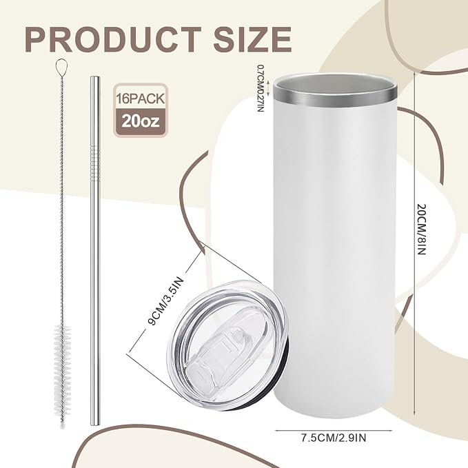 YOUKE OLA 16 Pack Stainless Steel Skinny Tumblers Bulk Straight Double Wall Powder Coated Insulated Tumbler with Lid and Straw for Laser Engrave, DIY Gift, 20oz White