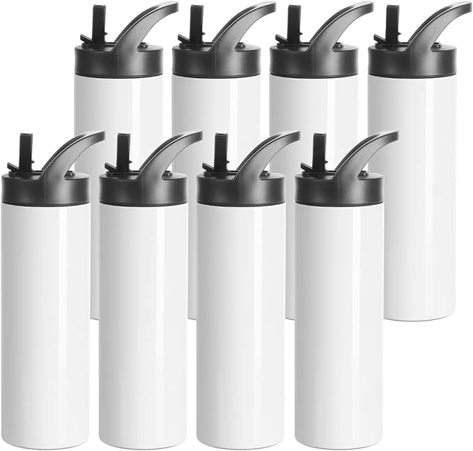 PYD Life 8 Pack Sublimation Tumblers Blanks Cups Bulk White 20 OZ Skinny Straight Sports Water Bottles Mugs with Portable Sippy Up Lid with Straw,for Tumbler Heat Press