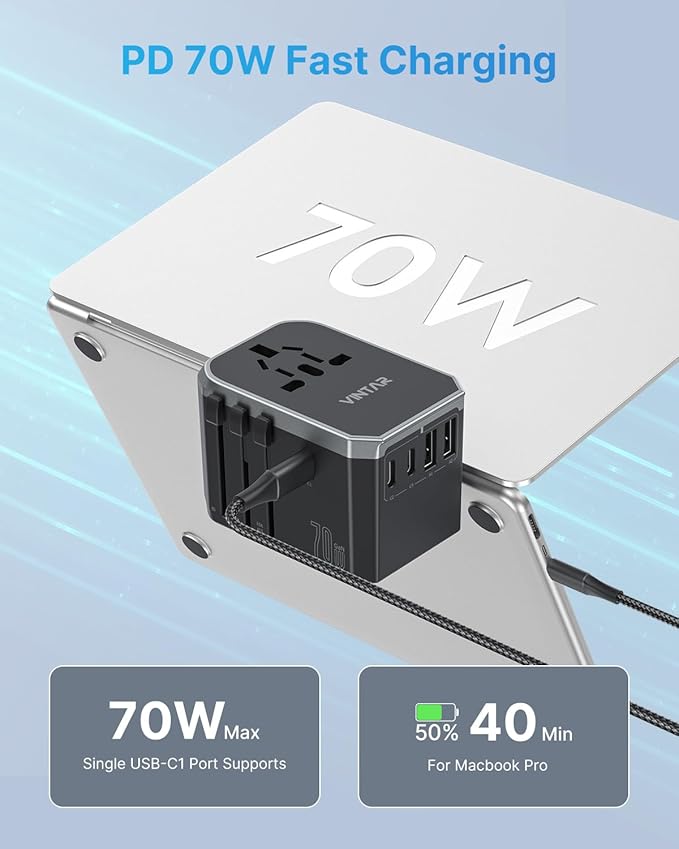 Universal Travel Adapter, VINTAR 70W GaN International Power Adapter