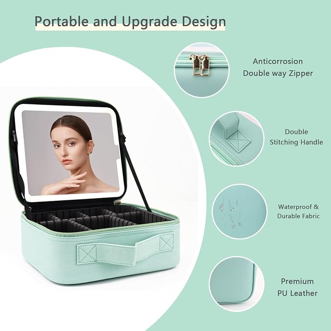 Makeup Bag with Led Mirror, Travel Makeup Organizer with 3 Color Setting