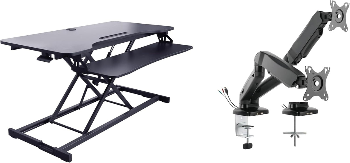 Rocelco 43" Height Adjustable Standing Desk Converter with Premium Dual Monitor Arm Mount - Tall Stand Up Tabletop Riser and Tablet Slot - Computer Workstation - Keyboard Tray - Black (R VADRB-43-MA2)