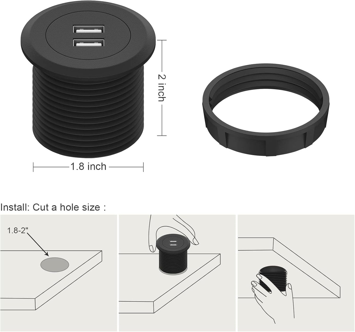 Mini Desk Power Grommet Outlet Build in 2 USB Ports Desktop Grommet with 6.56 FT Power Cord, USB Hub for Sofa, Couch, Table, Bedside, Workbench, Office, Home