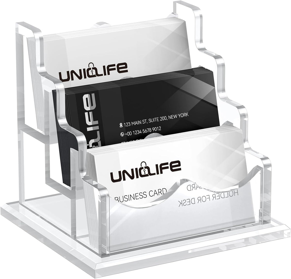 Uniclife Acrylic Business Card Holder for Desk 3 Slots Clear Horizontal Business Card Display Stand for Men & Women Desktop Name Card Organizer Card Stand for Office Home Exhibition, 180 Card Capacity