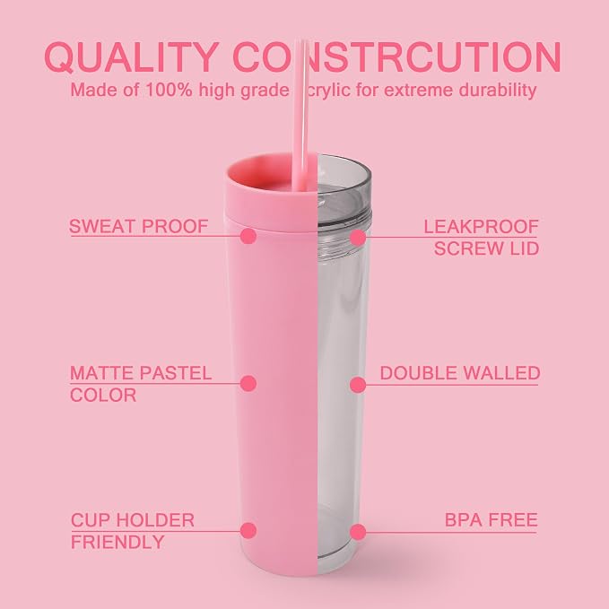 sweet grain Skinny Tumblers with Lids and Straws(6 Pack) - 16oz Matte Pastel Colored Skinny Acrylic Tumblers, Double Wall Plastic Tall Skinny Tumblers Bulk for Cold Hot Drinks - Pink
