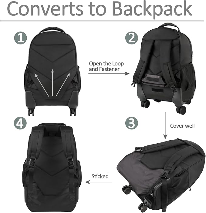 MATEIN Rolling Backpack with 4 Wheels, 17 inch Roller Travel Laptop Backpack