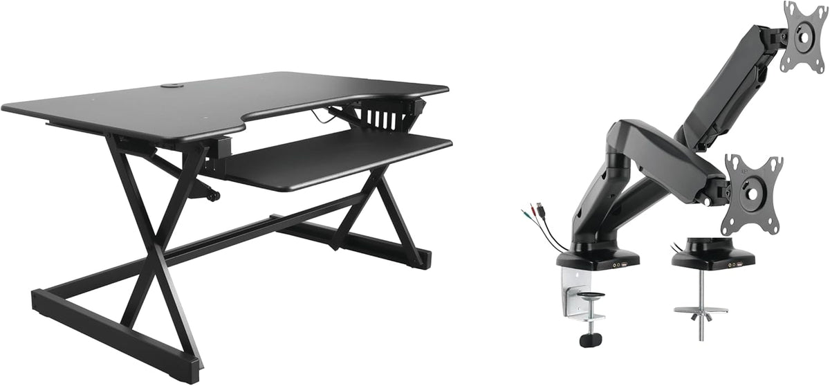 Rocelco 40" Height Adjustable Standing Desk Converter with AC Outlet USB Charger and Dual Monitor Arm Mount - Sit Stand Up Tabletop Riser - Sliding Keyboard Tray - Black (R DADRB-40-ACUSB-MA2)