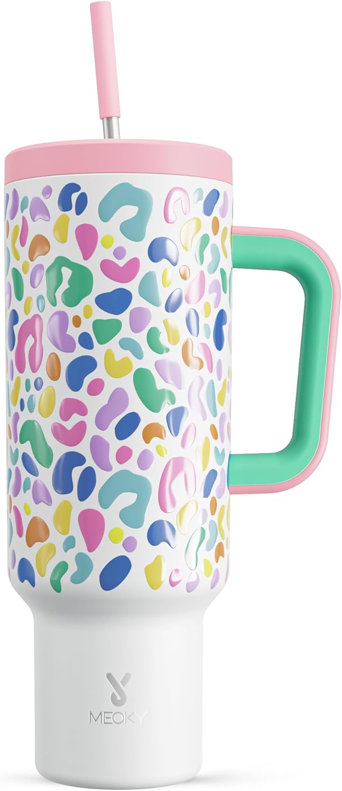 Meoky 50 oz Tumbler with Handle, Tumbler with Lid and Straw, Insulated Stainless Steel Travel Mug, 100% Leak-proof, Keeps Cold for 36 Hours or Hot for 12 Hours (Leopard)