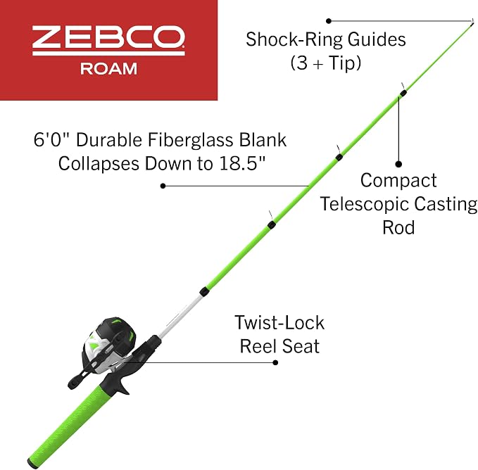 Zebco Roam Telescopic Fishing Rod and Spinning or Spincast Fishing Reel Combo
