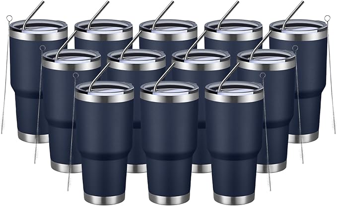MEWAY 30oz Insulated Tumbler With Lids and Straws,Stainless Steel Double Vacuum Coffee Tumbler Cup, Brush, Durable Powder Coated Coffee Cup for Cold & Hot Drinks, Office, Travel(Navy,12 PACK)