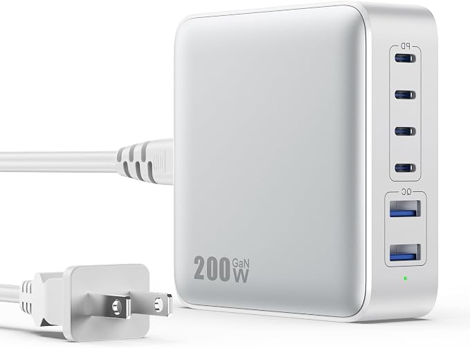 USB C Charger Block 200W GaN III 6 Port Fast Charging Station Hub, PD 65W USB C