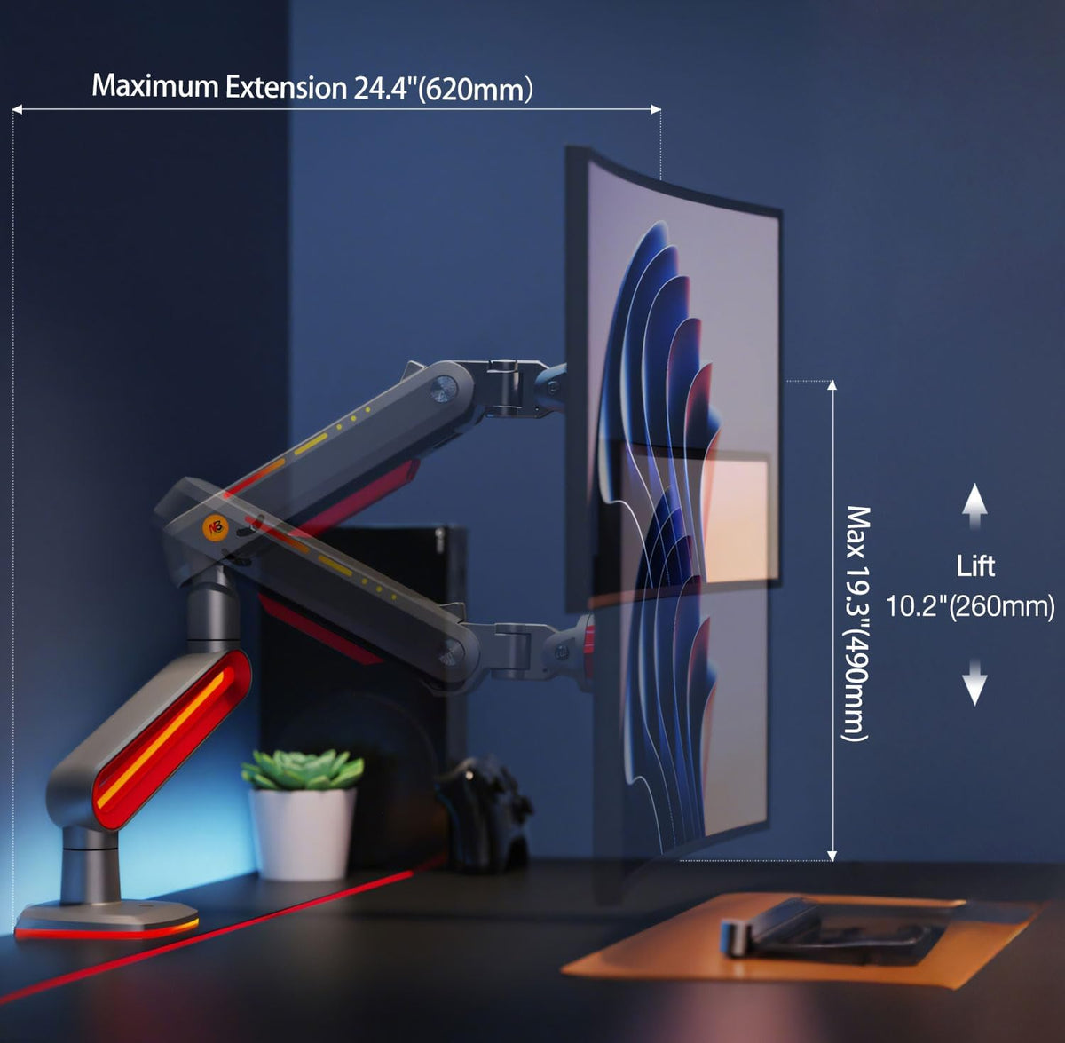 NB Designer Gaming Monitor Arm for 32 to 60 Inches Screen, Load up to 20 kg, VESA 75/100, RGB-Light, Heavy Duty, Multi Angle Adjustable, Premium Aluminum, Long Arm Extension Red