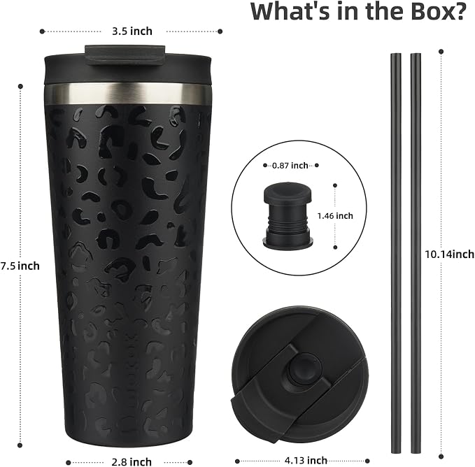 BJPKPK 22oz Insulated Tumbler With lid And Straw Stainless Steel Tumblers Travel Coffee Mug Reusable Thermal Cup,Black Leopard