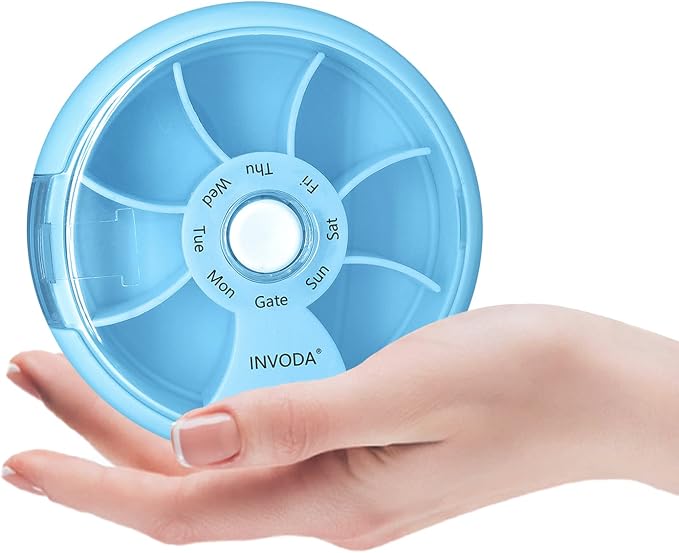 INVODA Weekly Pill Organizer 7 Compartment Rotating Pill Box