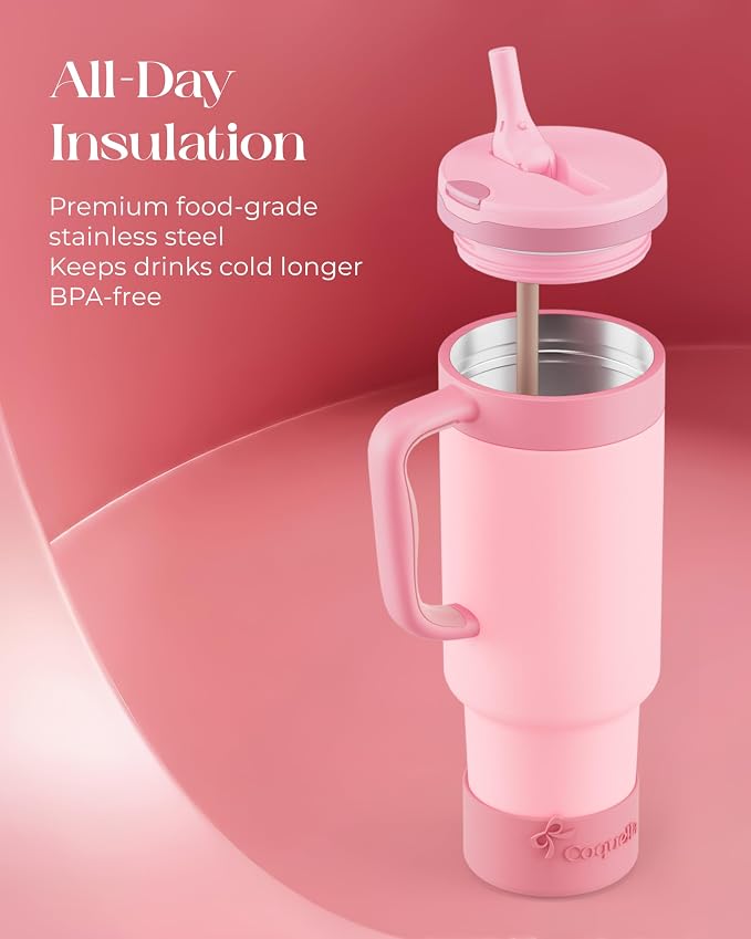 40 oz Insulated Tumbler with Handle and Push-Button Straw Lid, Stainless Steel Travel Cup for Gym Office, Leakproof, BPA-Free, Cup Holder Friendly, Bow Silicone Boot, Pink (Rose Quartz)