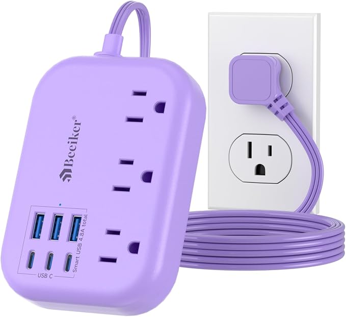 6 USB Purple Travel Power Strip- 5Ft Purple Extension Cord