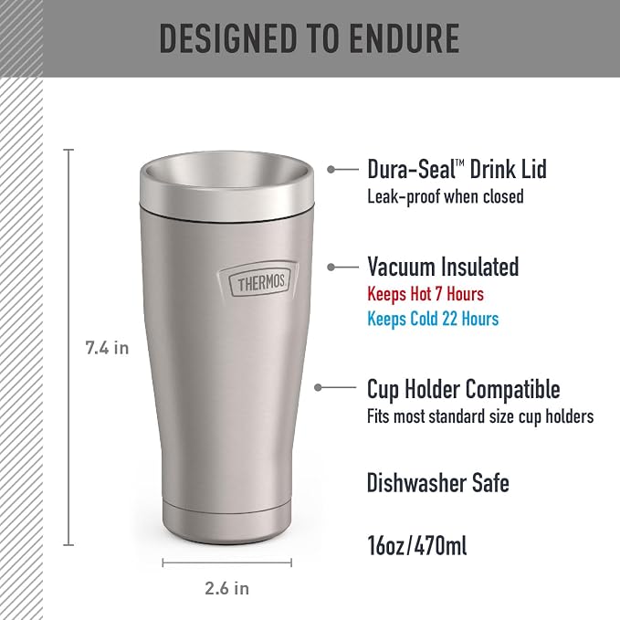 THERMOS ICON SERIES, Stainless Steel Tumbler, Matte Stainless Steel, 16 oz