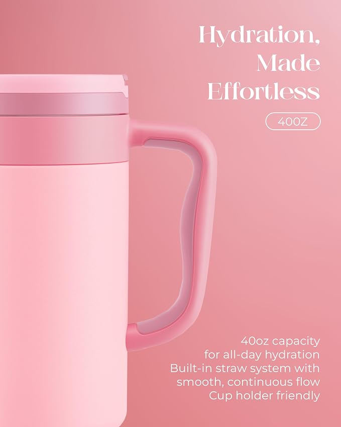 40 oz Insulated Tumbler with Handle and Push-Button Straw Lid, Stainless Steel Travel Cup for Gym Office, Leakproof, BPA-Free, Cup Holder Friendly, Bow Silicone Boot, Pink (Rose Quartz)