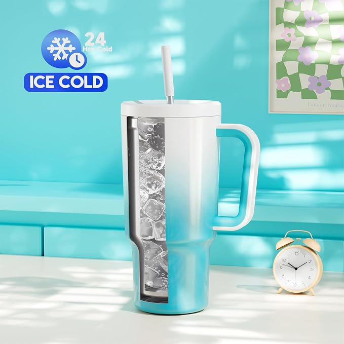 Meoky 30 oz Tumbler with Handle, Tumbler with Lid and Straw, Insulated Stainless Steel Travel Mug, 100% Leak-proof, Cupholder Friendly, Keeps Cold for 24 Hours or Hot for 8 Hours (Azure)