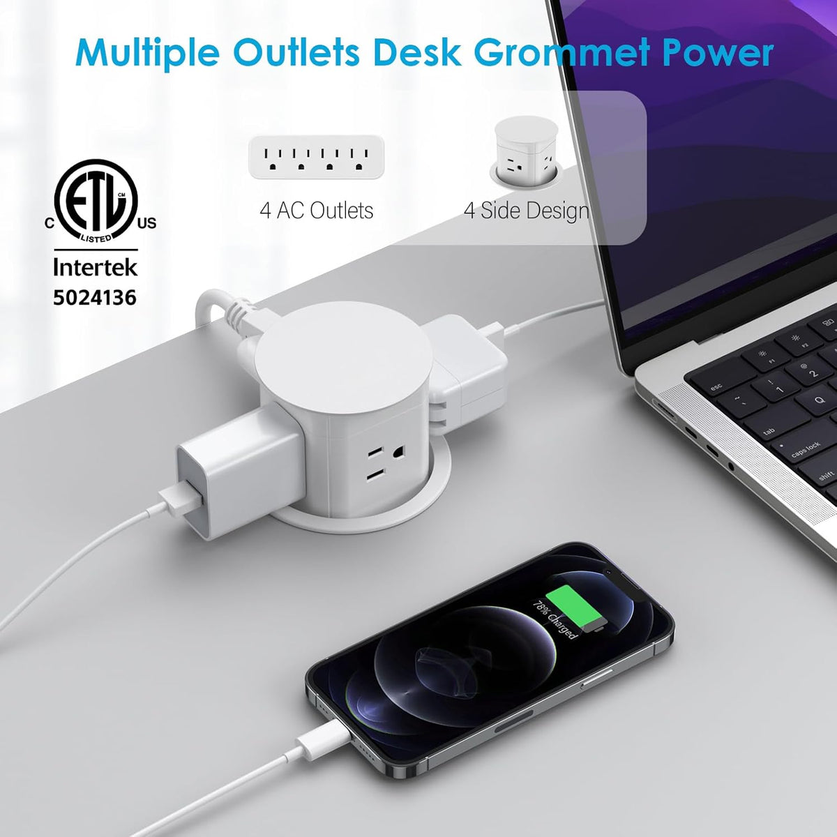 Jgstkcity Pop Up Outlet for Countertop, Flush Mount Tamper Resistant Space Saver Recessed 1875W Grommet,4 Outlets,15Amp Receptacle,ETL Listed,3.15inch Hole,White