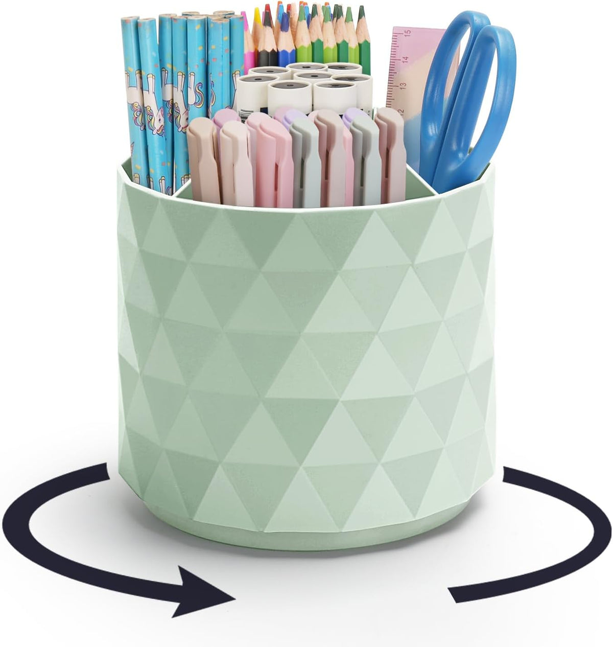 Desk Organizer,Sparkling Diamond-like Pen Holder for Desk 360°Rotating Office Accessories,Pencil Cup with 5 Compartments Storage Box Caddy for Office,School,Home,Art Supply(Green)