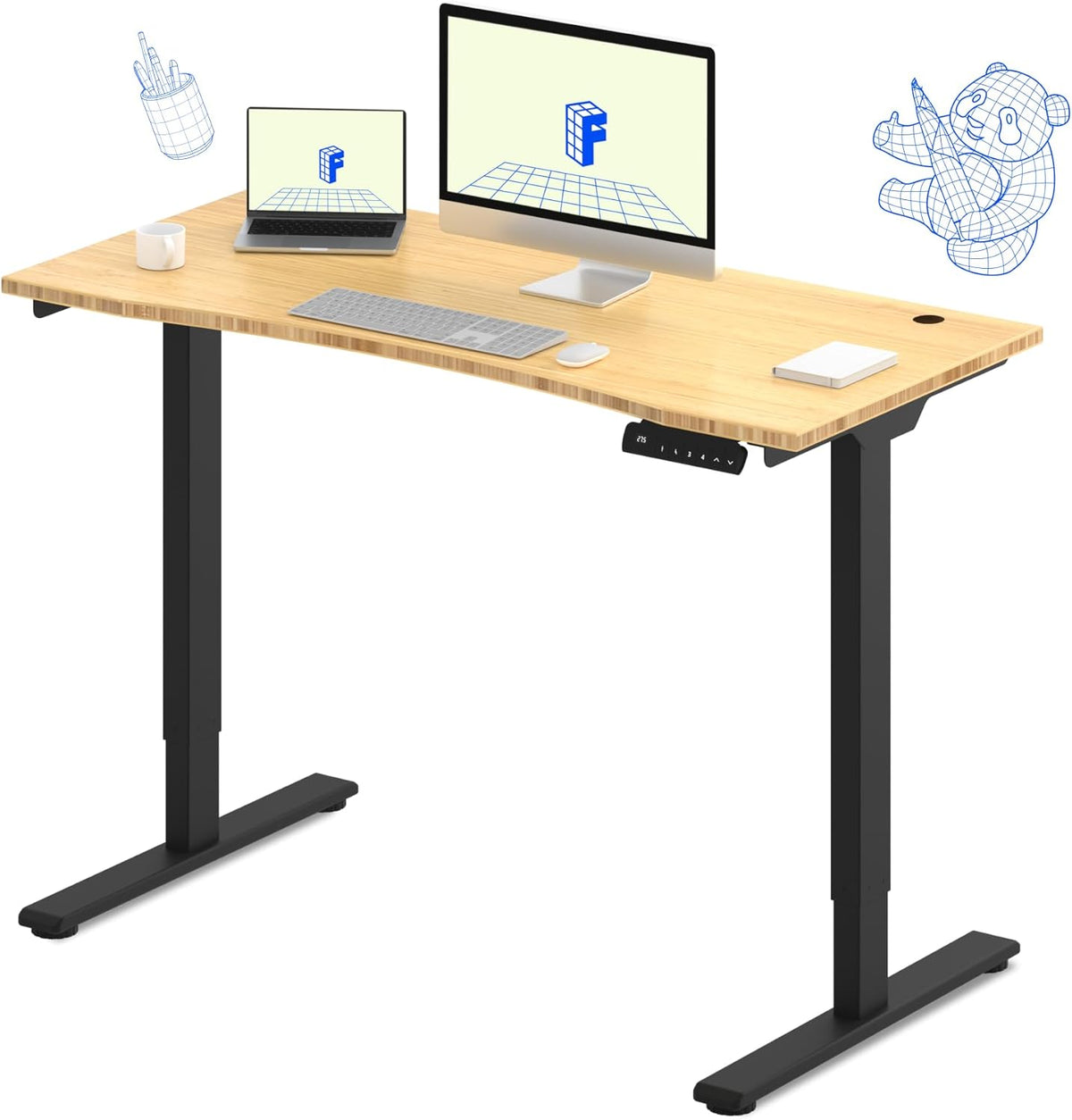 FLEXISPOT E3 Bamboo Dual Motor 48x24 Inch Electric Height Adjustable Standing Whole-Piece Board Sit Stand Up Desk (Black Frame + Bamboo Curved Desktop)