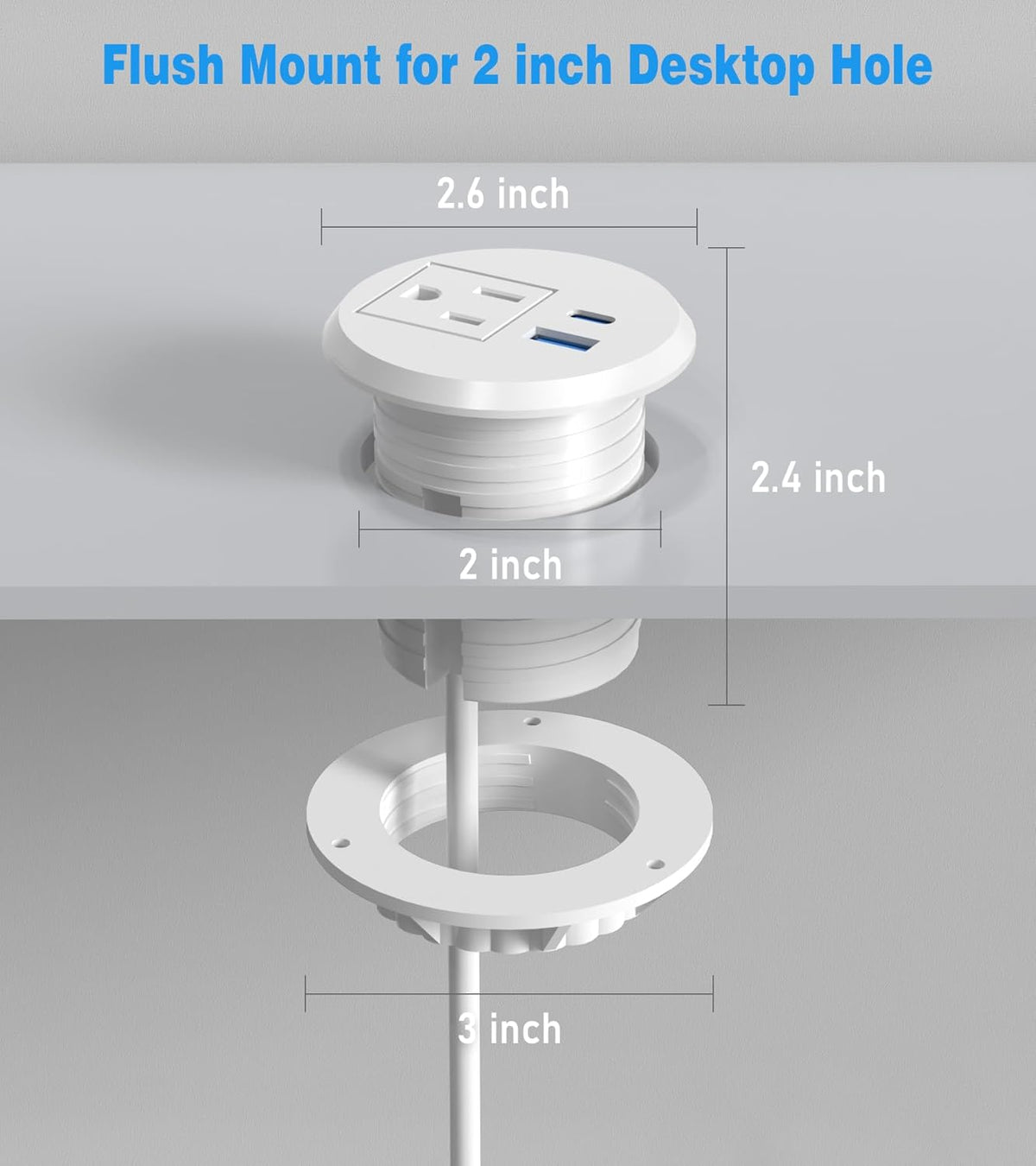 2 Pack Desk Power Grommet Outlet, 2 inch Recessed Power Outlet with 20W USB-C Fast Charging, for Conference Rooms, Office Tables, Furniture, 6FT Cord(ETL Listed)