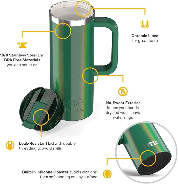 RTIC 20oz Road Trip Travel Mug with Lid and Handle, Ceramic Lined, Insulated, Stainless Steel, Metal, Double Wall Vacuum-Insulation, Portable Coffee, Tea Cup for Hot and Cold Drink, Pine Tree Glitter