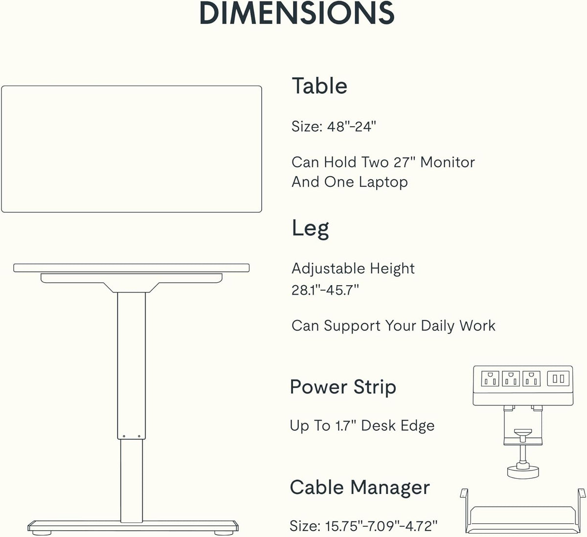 FLEXISPOT EN2 Whole-Piece Standing Desk with Clamp Power Strip, 48x24'' Electric Stand Up Height Adjustable Desk with Cable Management (Black Frame + 48" Black Table Top)