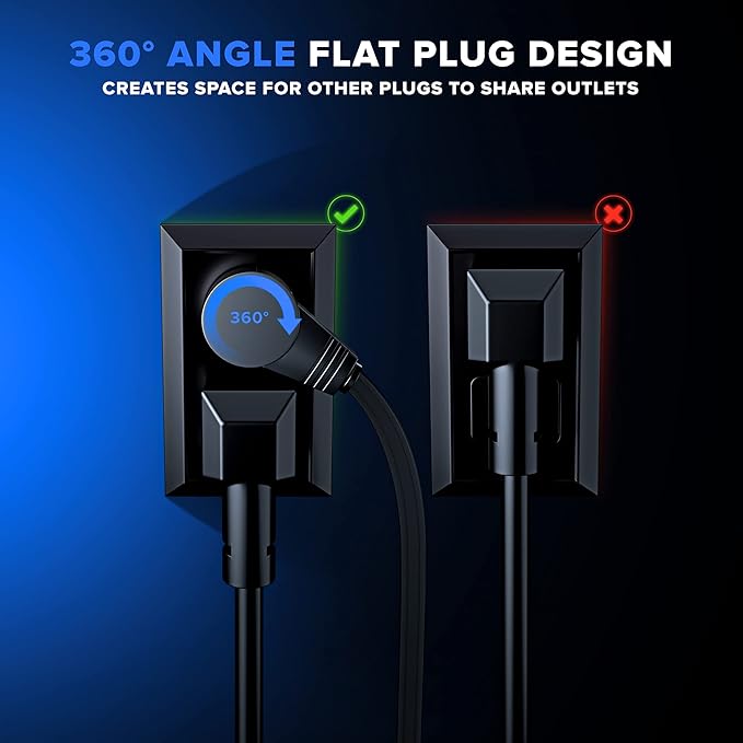 Maximm Cable 3 Ft 360° Rotating Flat Plug Extension Cord/Wire, 16 AWG Multi 3