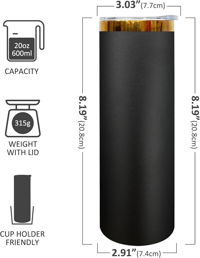 20 oz Skinny Tumblers Stainless Steel Tumbler with Lid and Straw Double Wall Vacuum Insulated Coffee Mug 20oz Powder Coated Cup for Hot and Cold Drinks(Black,1 pack)