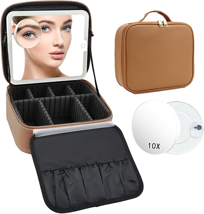Travel Makeup Bag with LED Mirror and 10x magnifying glass with 3 Lighted