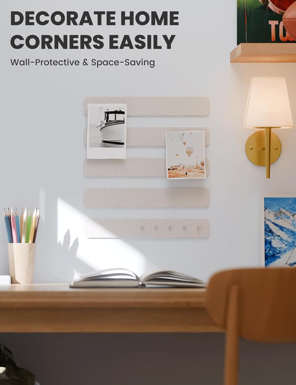 Cork Board Alternative Felt Strip Board 5-Pack 13"x2", Office Pin Board with 35 Push Pins, Adhesive Install for Bedroom Door & Home Office(Oatmeal)