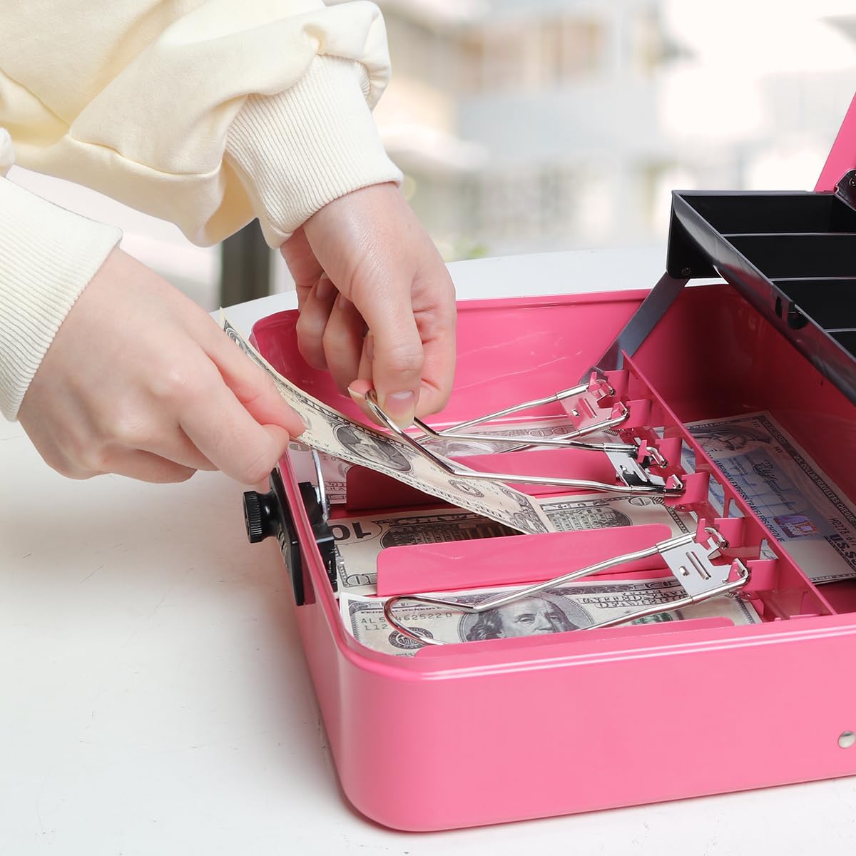 Jssmst Cash Box with Money Tray and Lock - Pink Cash Box with Combination Lock Safe Large, Locking Cash Register Drawer Box for Money, 11.8'' x 9.5'' x 3.5'', SM-CB005PC