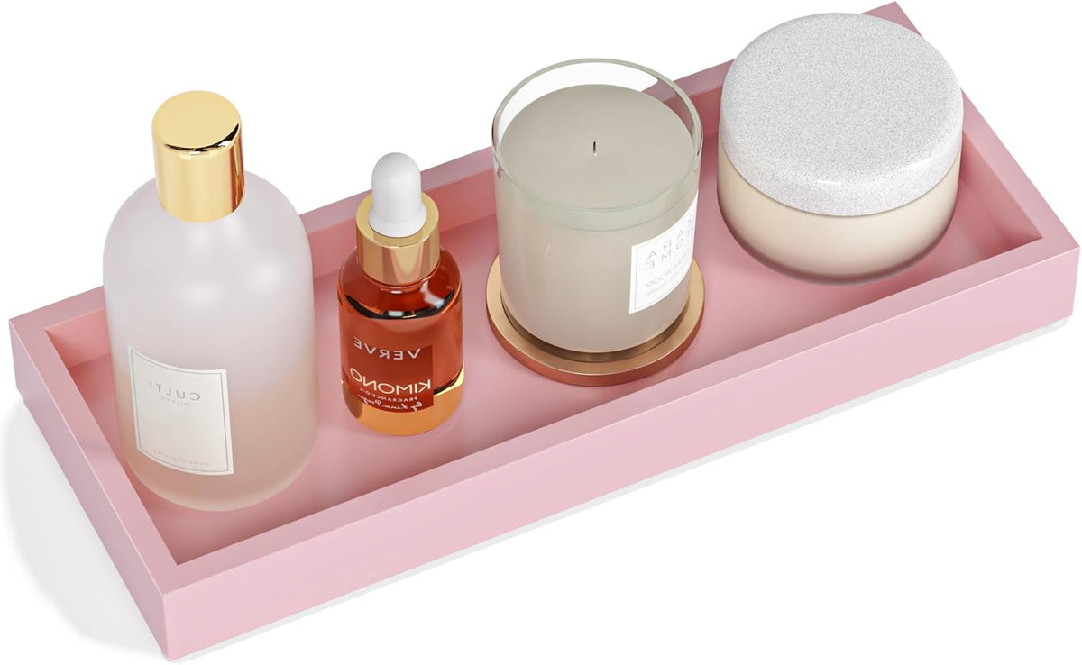 Bathroom Perfume Tray for Candle Trinket, Decor Vanity Trays for Countertop Nightstand Toilet Tank Counter Dresser Bedroom, Decorative Wooden Rectangle Holder for Skincare Cosmetic Accessory, Pink