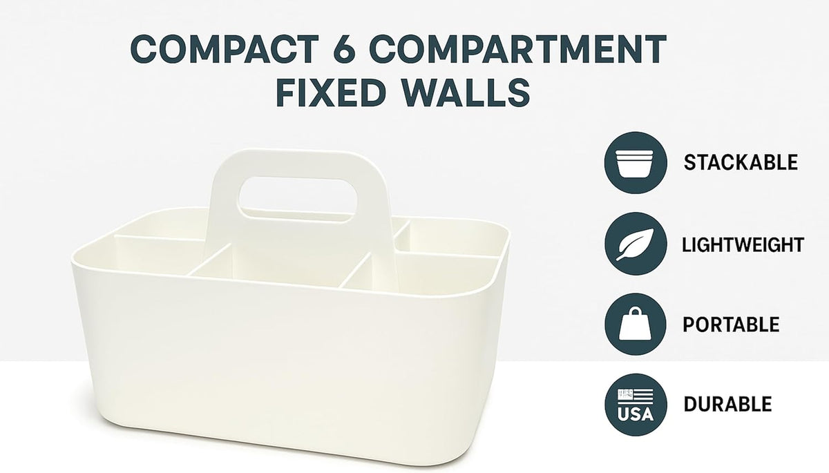 Small Stackable Plastic Caddy with Handle 6 Compartment | Desk, Makeup, Dorm Caddy, Classroom Art Organizers - 4 Pack, Made In USA (Ivory)