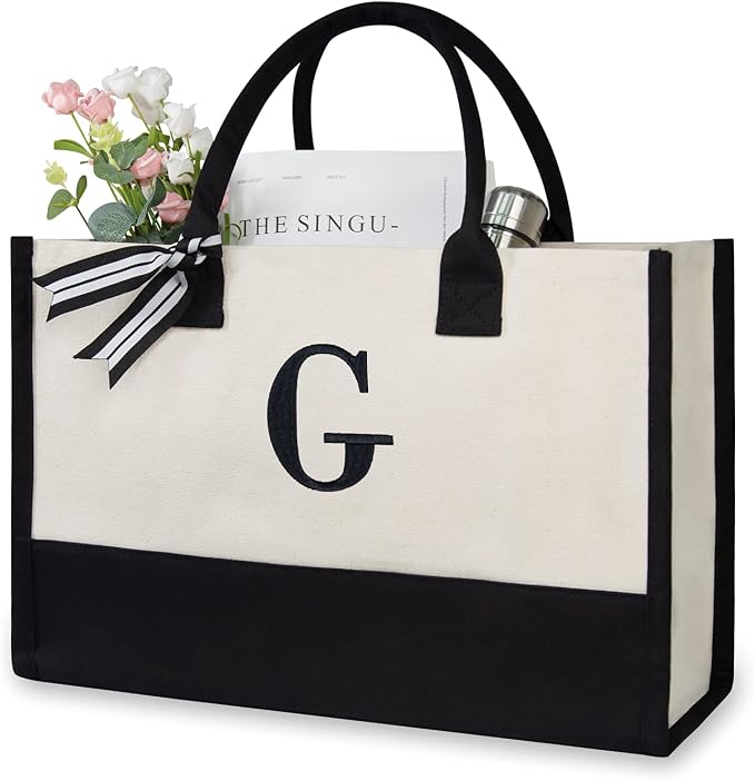 TOPDesign Embroidery Initial Canvas Tote Bag, Personalized Present Bag