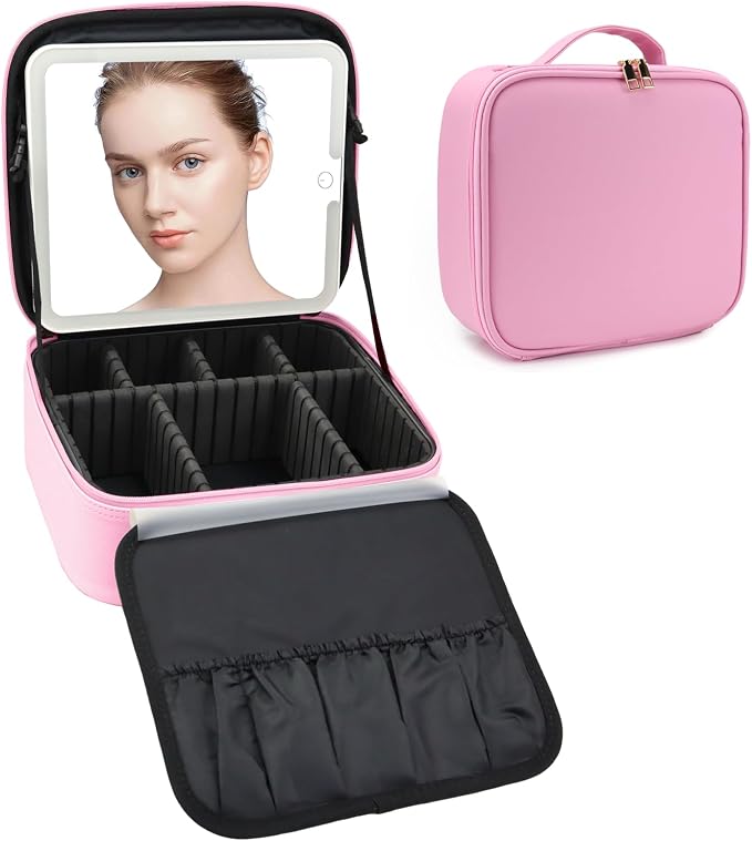 Travel Makeup Bag with LED Mirror Travel Makeup Organizer with 3 Lighted