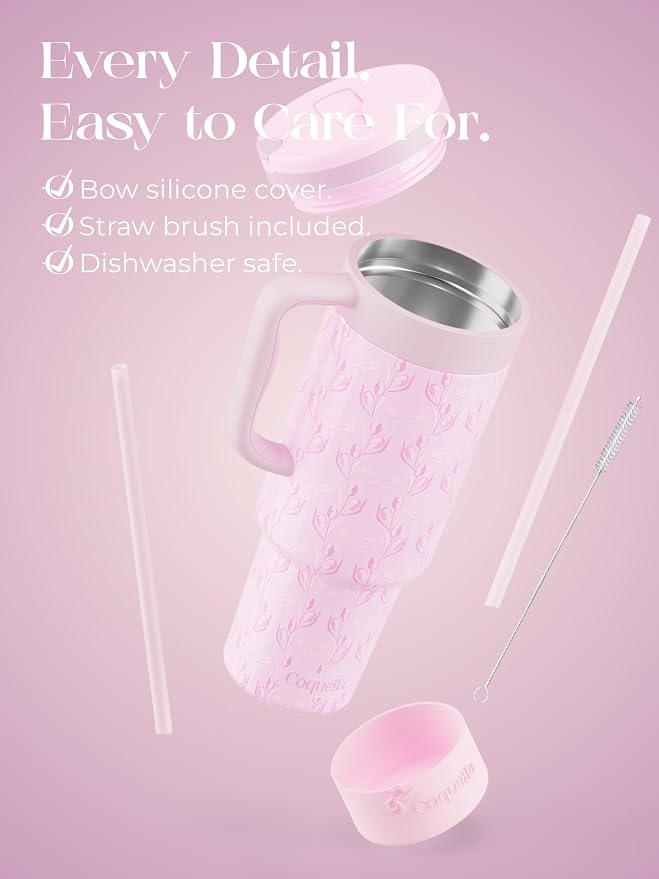 40 oz Insulated Tumbler with Handle and Push-Button Straw Lid, Stainless Steel Travel Cup for Gym Office, Leakproof, BPA-Free, Cup Holder Friendly, Bow Silicone Boot, Purple (Tulip Lilac)