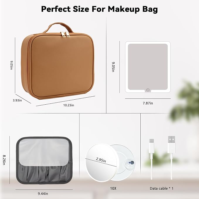Travel Makeup Bag with LED Mirror and 10x magnifying glass with 3 Lighted