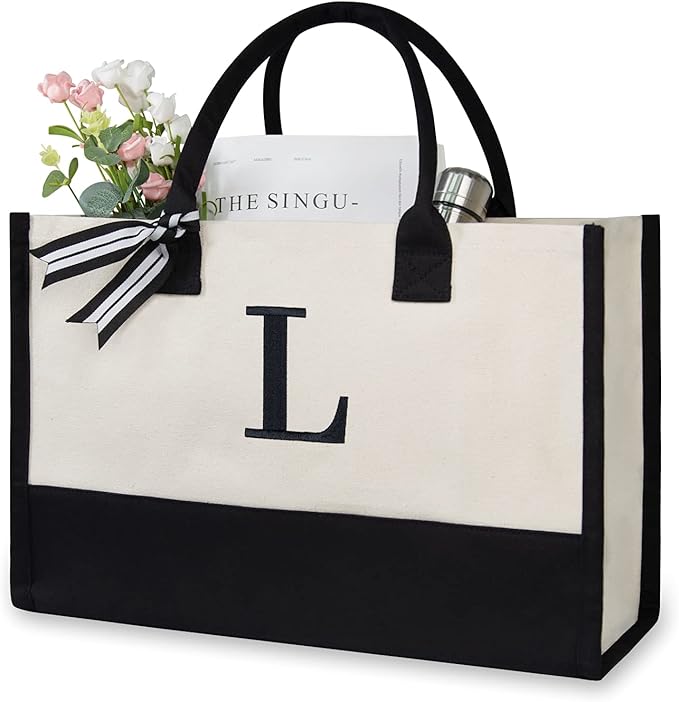 TOPDesign Embroidery Initial Canvas Tote Bag, Personalized Present Bag
