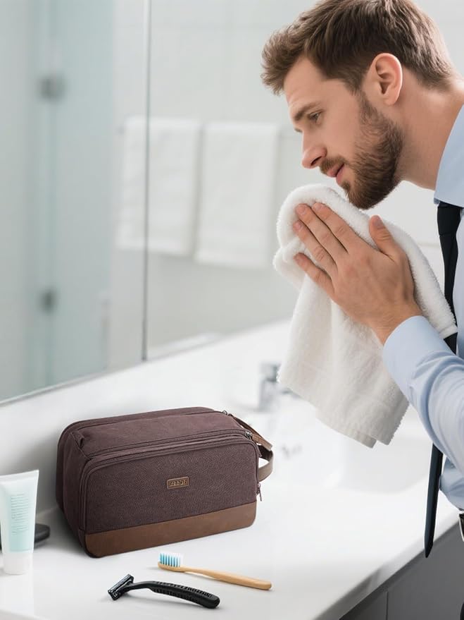 WANDF Toiletry Bag for Men Travel Toiletry Organizer Canvas and Leather Dopp