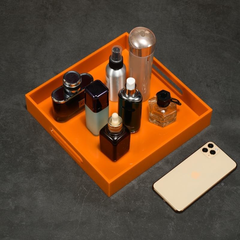 Orange Sturdy Acrylic Serving Tray with Handles-12x12Inch-Serving Coffee,Food,Breakfast,Butler-Kitchen Countertop Tray-Makeup Drawer Organizer-Vanity Table,Ottoman Tray-Decorative Tray