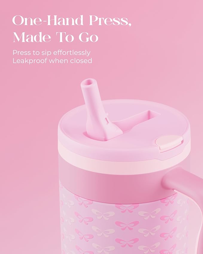 40 oz Insulated Tumbler with Handle and Push-Button Straw Lid, Stainless Steel Travel Cup for Gym Office, Leakproof, BPA-Free, Cup Holder Friendly, Bow Silicone Boot, Pink (Coquette Candy)