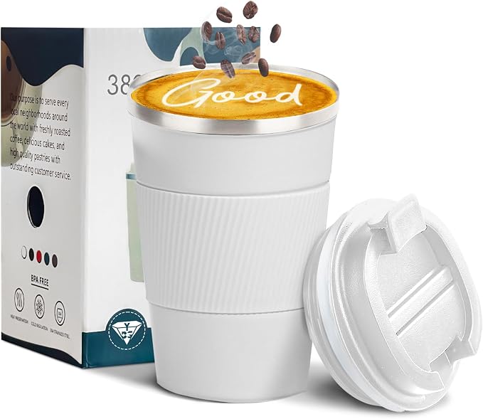 YINBAOGE Insulated Travel Coffee Mug, Spill & Leak Proof, Portable To Go Camping Stainless Steel Coffee Tumbler, Reusable Thermal Coffee Cup with Lid for Hot & Cold Drinks (White, 12 OZ)