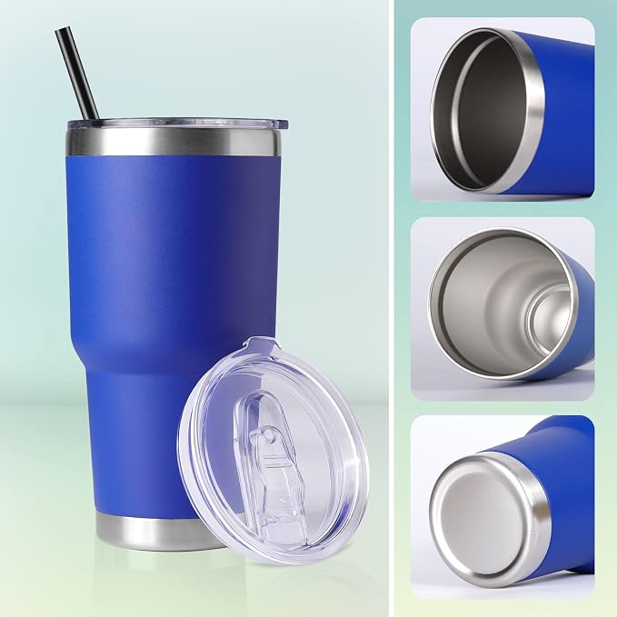 DOMICARE 30 oz Tumbler with Lid and Straw, Stainless Steel Tumblers Bulk, Insulated Vacuum Double Wall Travel Coffee Mug, Durable Powder Coated Tumbler Cup (Dark Blue, 1)
