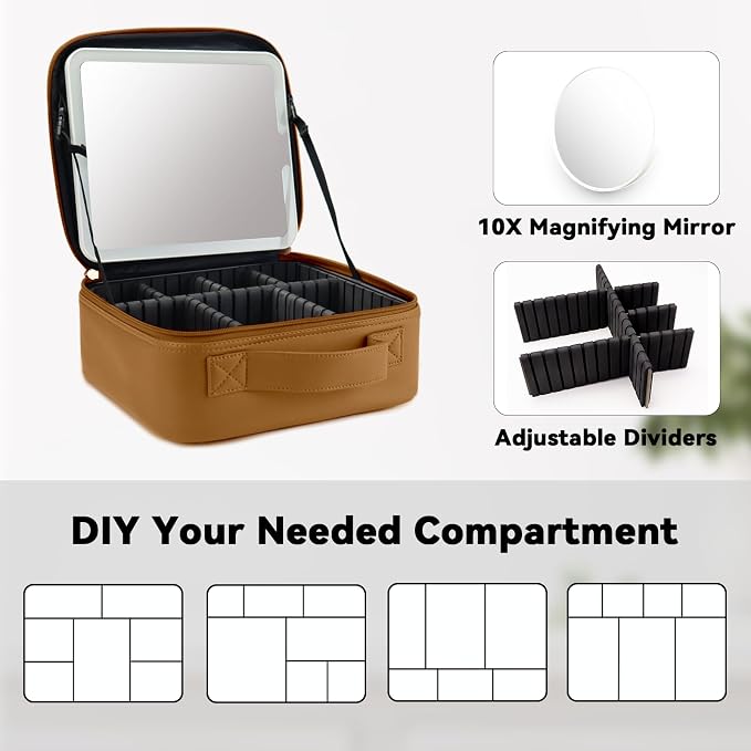 Travel Makeup Bag with LED Mirror and 10x magnifying glass with 3 Lighted