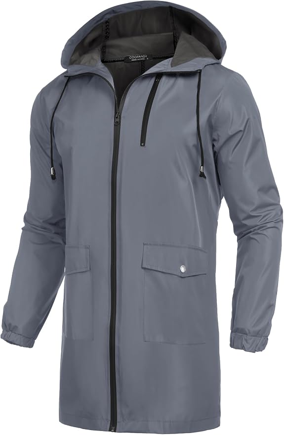 COOFANDY Men's Long Raincoat Ligtweight Rain Jacket Waterproof Outdoor Jackets