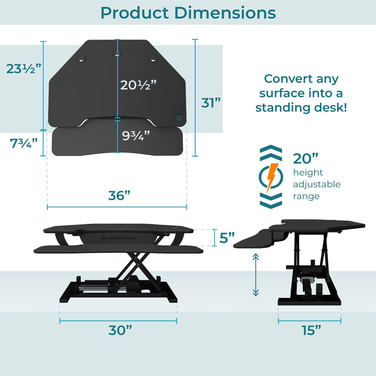 VERSADESK® PowerPro™ 36" Corner Standing Desk Converter, 36 Inch Motorized Height-Adjustable Standup Desk Riser Sit to Stand Desktop with Keyboard and Mouse Tray + USB Charging Port, Black
