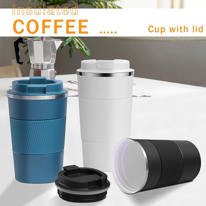 YINBAOGE Insulated Travel Coffee Mug, Spill & Leak Proof, Portable To Go Camping Stainless Steel Coffee Tumbler, Reusable Thermal Coffee Cup with Lid for Hot & Cold Drinks (White, 12 OZ)